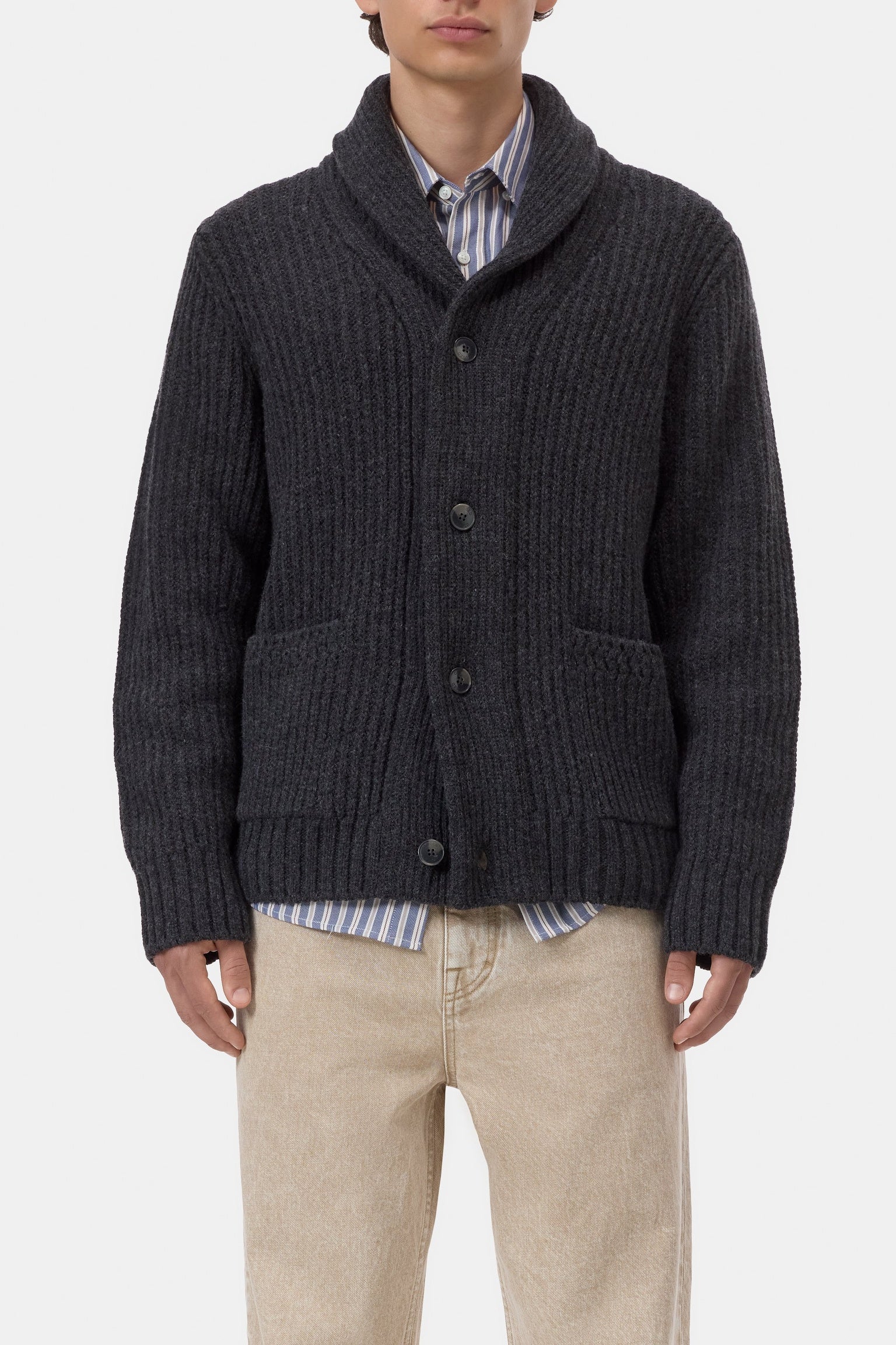 Scarf Collar Wool Cardigan Black Melange