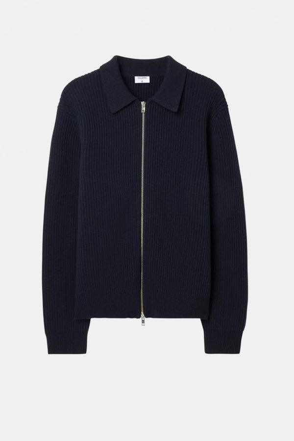 Ribbed Wool Zip Cardigan Navy