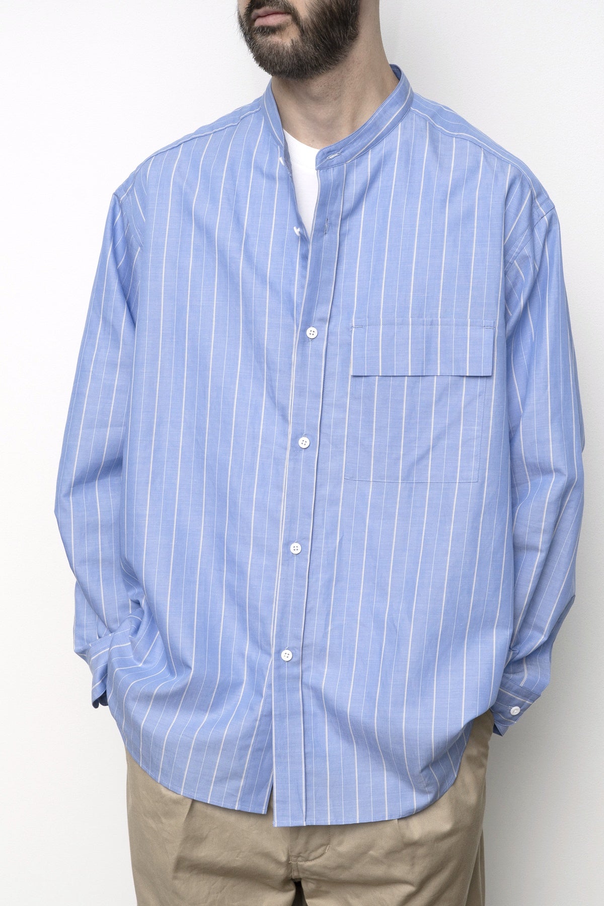 Band Collar Shirt Blue Stripe