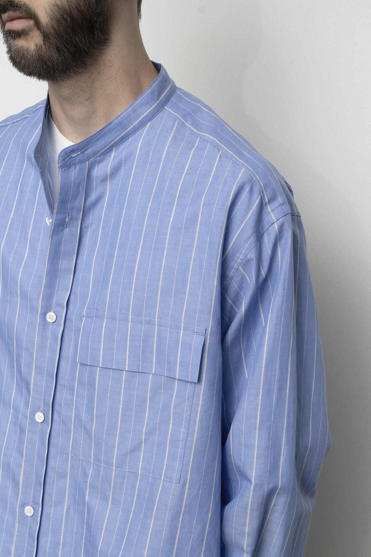 Band Collar Shirt Blue Stripe